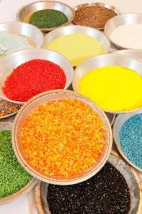 Colorful frit glass in pans