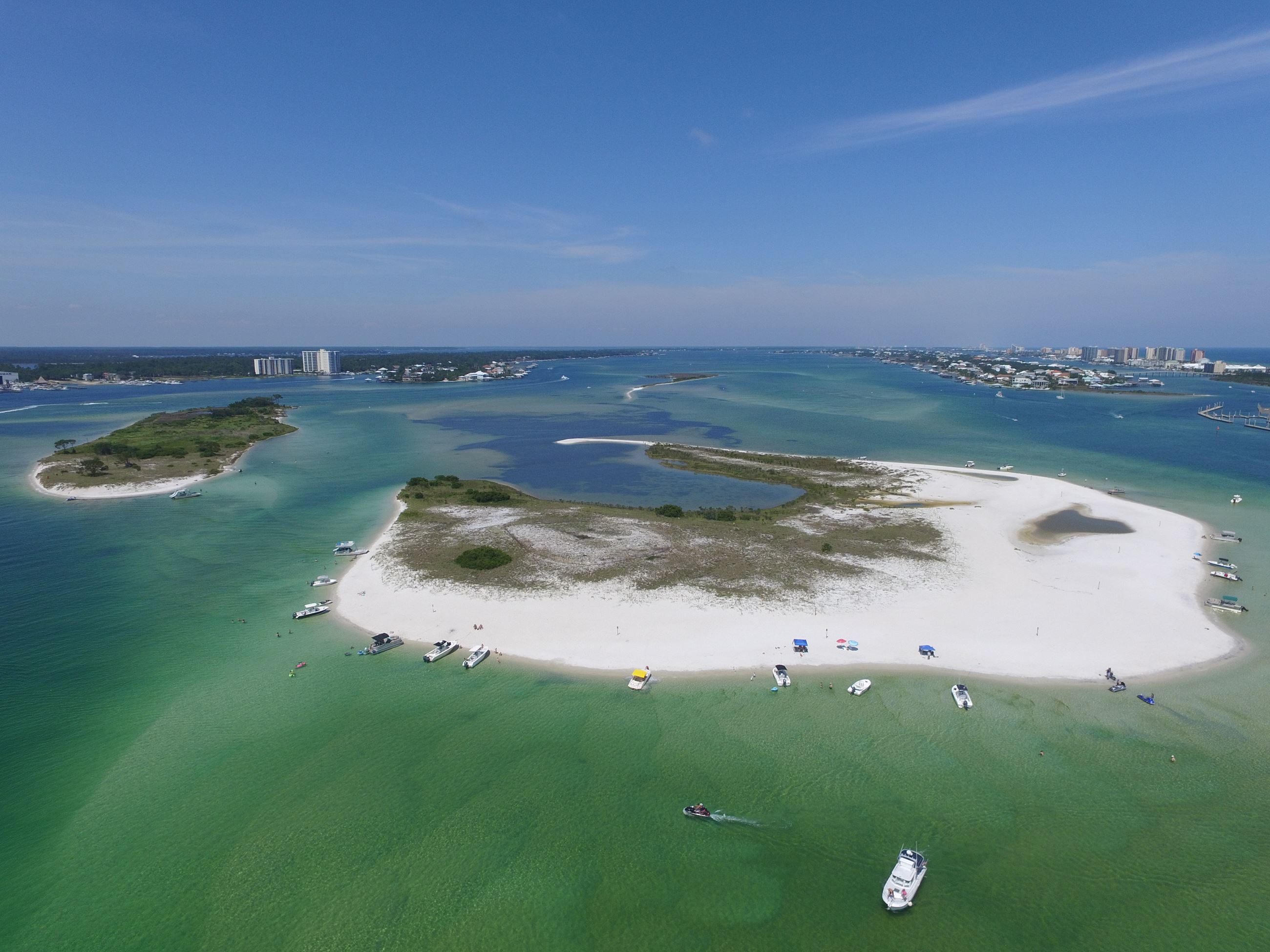 An aerial photo of Bird Island (on right) and Robinson Island (on left) in Orange Beach, Alabama