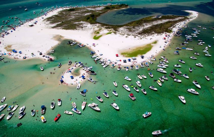 Aerial of Many Boats at Bird Island