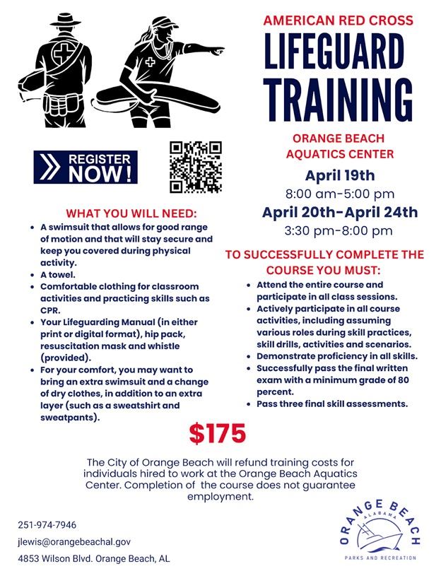 2026 Lifeguard Training flyer Orange Beach Aquatics Center