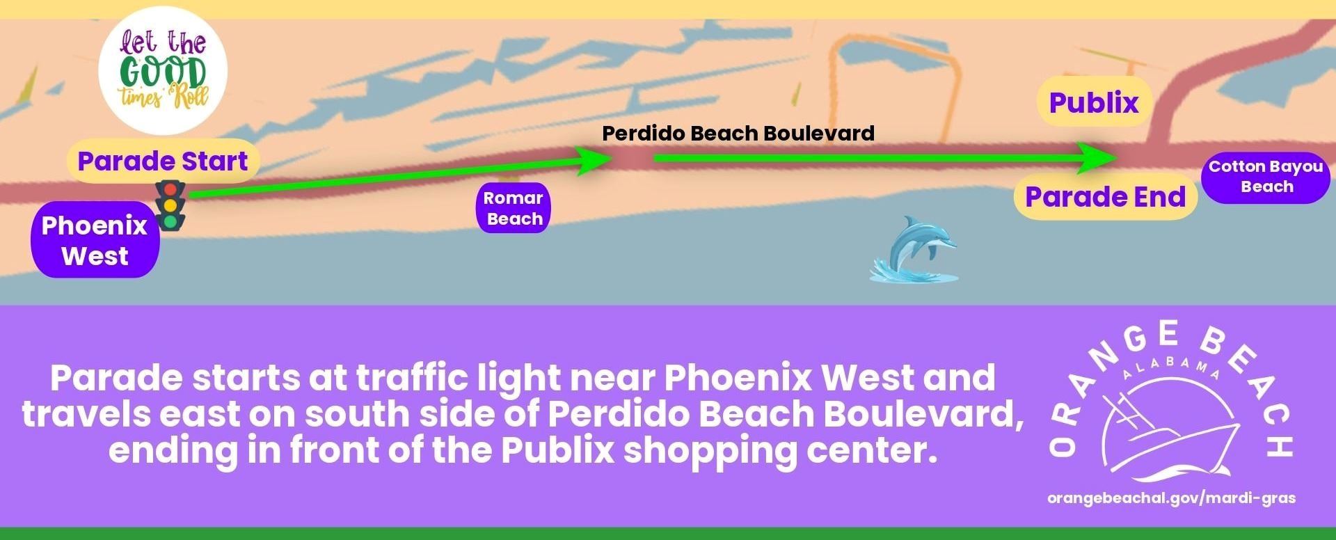 2026 Orange Beach Mardi Gras Parade Route map