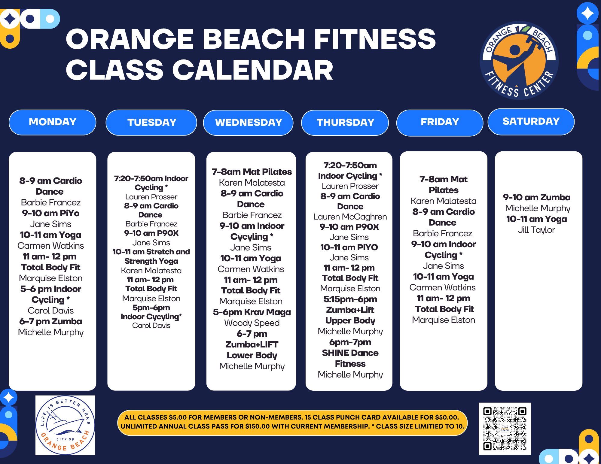 Orange Fitness Class Calendar update 4.20.2026