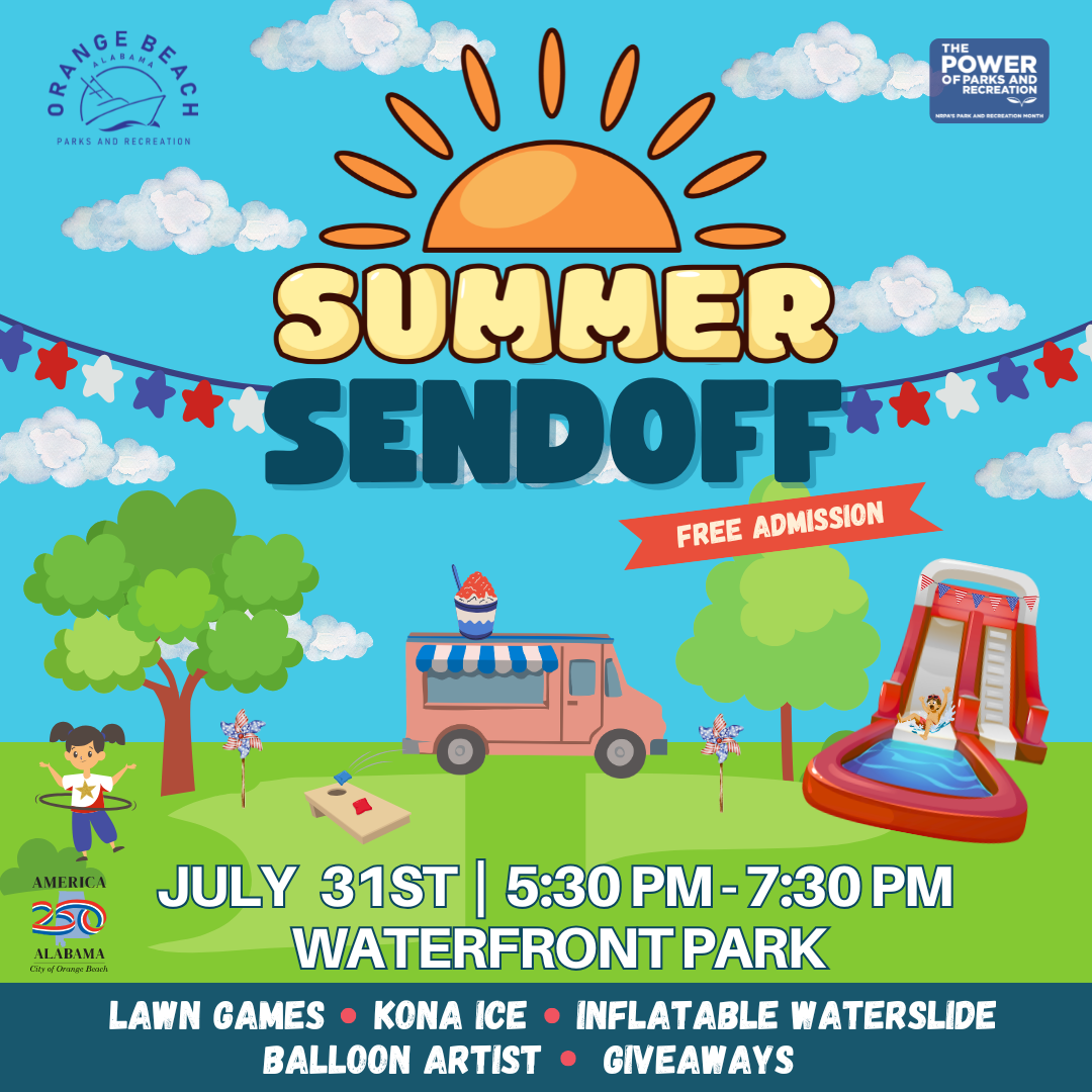 Summer Sendoff Social Graphic with waterslide, kona ice, pizza, giveaways